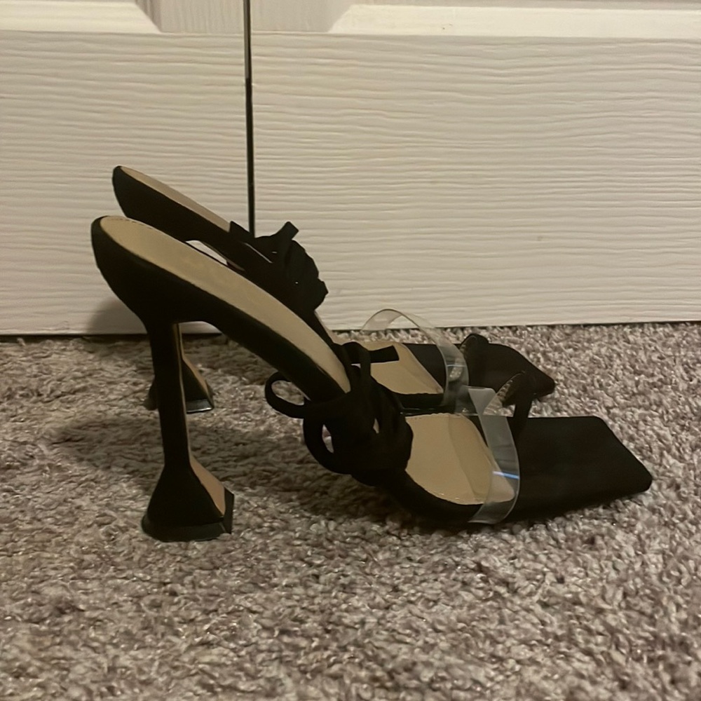 EGO lace up black heels with clear strap womens 9 worn 2x